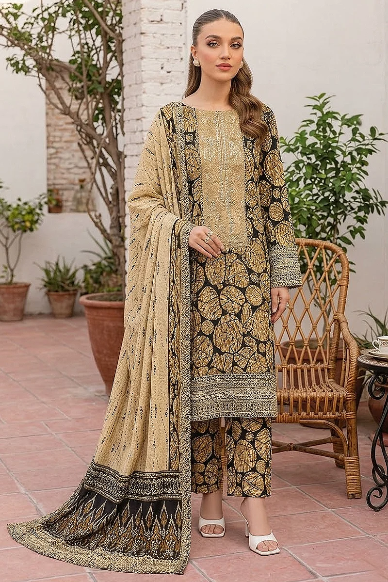 Beige & Black Sequins Embroidered Lawn 3 Piece Suit with Lawn Dupatta – Design 8226