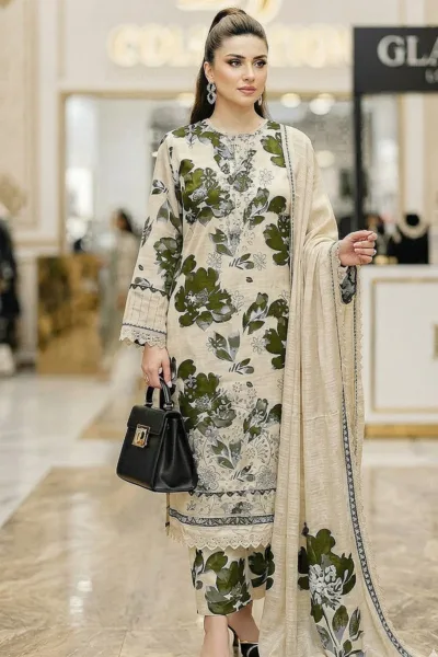Beige Floral Sequins Embroidered Luxury Lawn 3 Piece Suit with Printed Dupatta – Design 13320-A