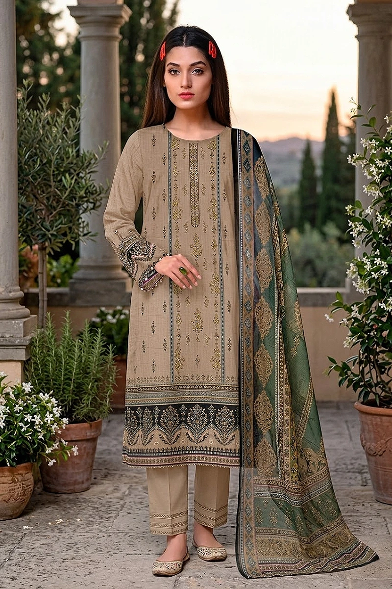 Beige Kastori Lawn 3 Piece Suit with Lawn Dupatta – Design 12533-A