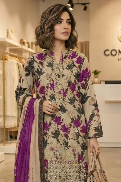 Beige & Magenta Floral Printed Cotton 3 Piece Suit with Cotton Dupatta – Design 13133-C