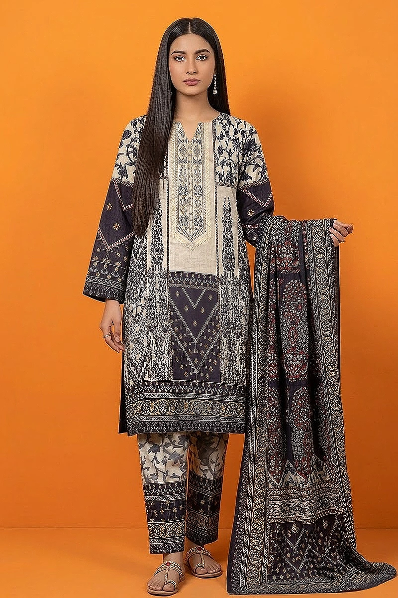 Beige & Navy Printed Lawn 3 Piece Suit with Lawn Dupatta – Design 8307