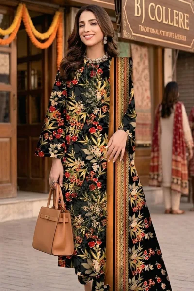 Black Floral Embroidered Kastori Lawn 3 Piece Suit with Printed Dupatta – Design 75260