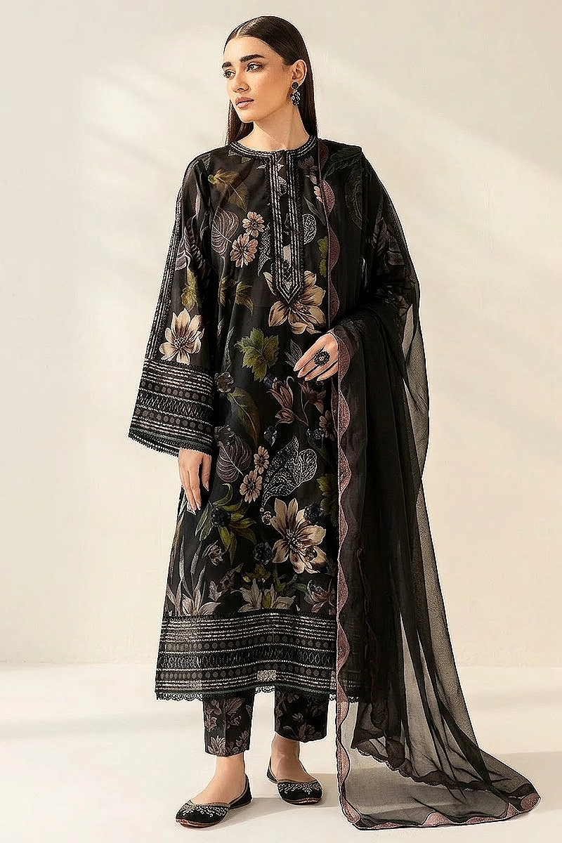 Black Floral Printed Lawn 3 Piece Suit with Chiffon Dupatta – Design 5588