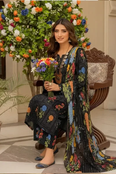Black Floral Printed Lawn 3 Piece Suit with Chiffon Dupatta – Design 5763