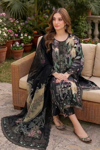 Black & Ivory Floral Printed Lawn 3 Piece Suit with Chiffon Dupatta – Design 5730