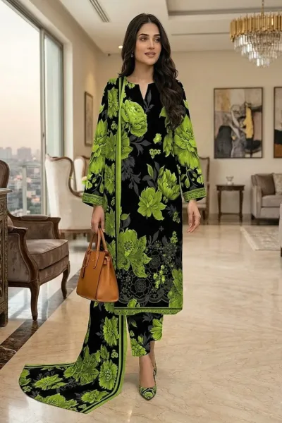 Black & Lime Floral Printed Cotton 3 Piece Suit with Embroidered Dupatta – Design 28693-E