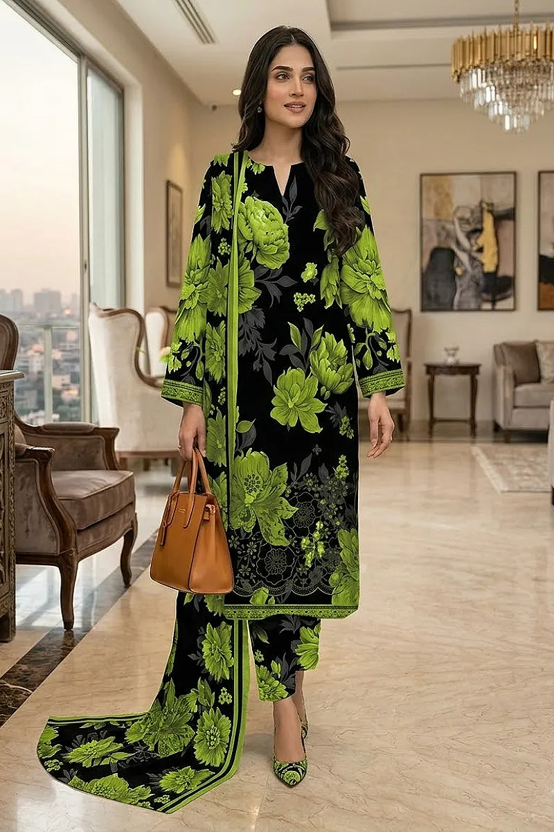 Black & Lime Floral Printed Cotton 3 Piece Suit with Embroidered Dupatta – Design 28693-E