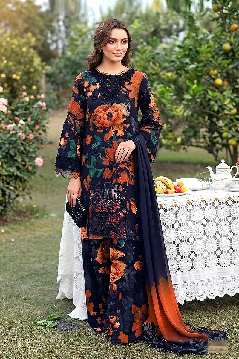 Black & Magenta Floral Printed Lawn 3 Piece Suit with Chiffon Dupatta – Design 5674