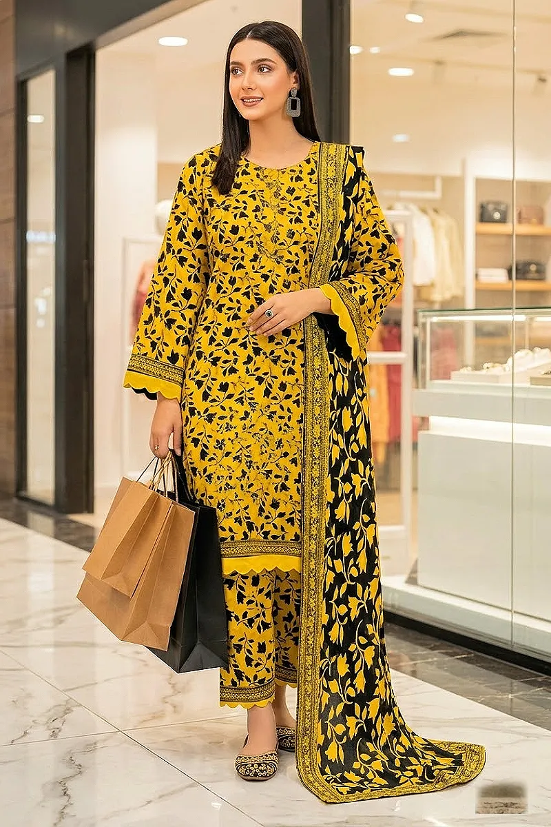 Mustard Yellow Printed Cotton 3 Piece Suit with Cotton Dupatta – Design 28408-B