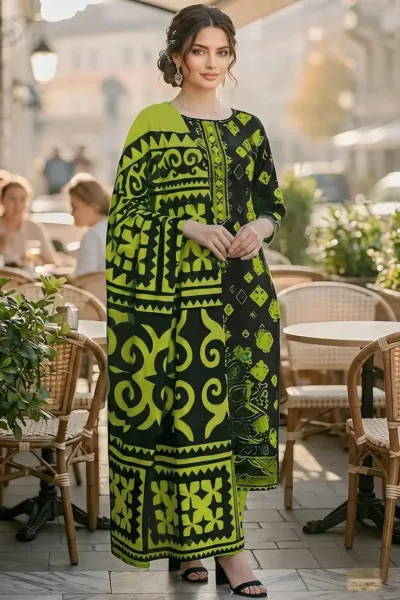 Black & Neon Green Cotton 3 Piece Suit with Cotton Dupatta – Design 13208-B