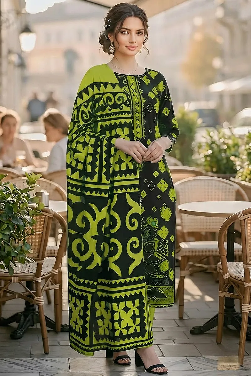 Black & Neon Green Cotton 3 Piece Suit with Cotton Dupatta – Design 13208-B