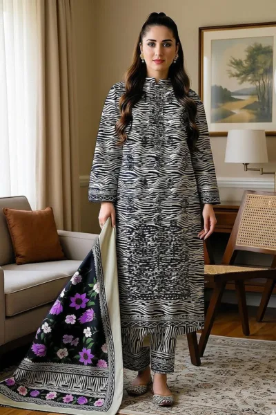 Black & White Zebra Print Embroidered Cotton 3 Piece Suit with Cotton Dupatta – Design 12771-B