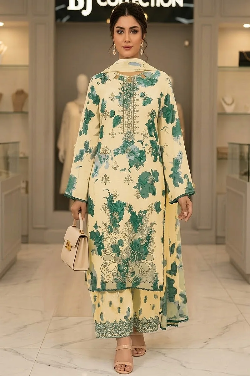 Cream & Emerald Printed Lawn 3 Piece Suit with Lawn Dupatta – Design 75245-B