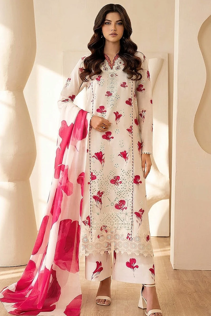 Cream Floral Printed Cotton 3 Piece Suit with Cotton Dupatta – Design 28677-B