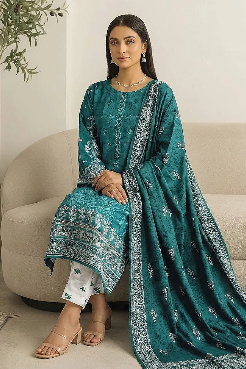 Emerald Green Lawn 3 Piece Suit with Printed Lawn Dupatta – Design 8119