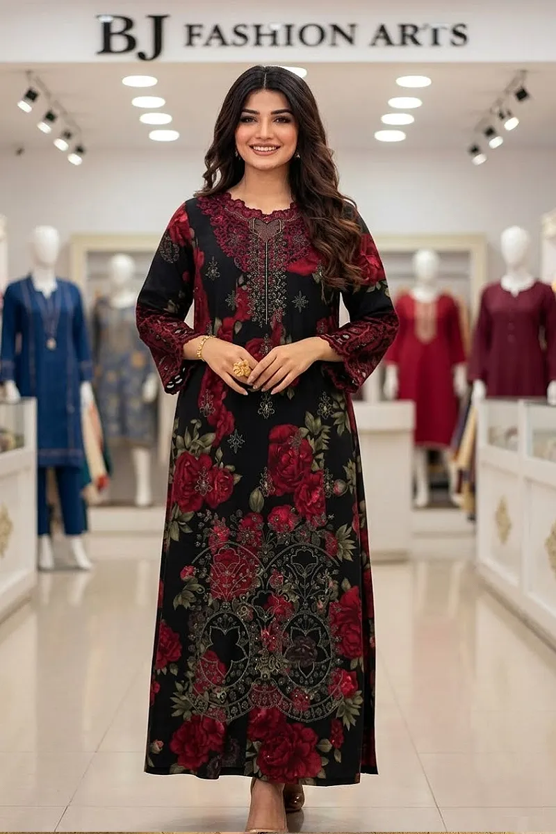 Floral Printed 3-Piece Suit with Chiffon Dupatta