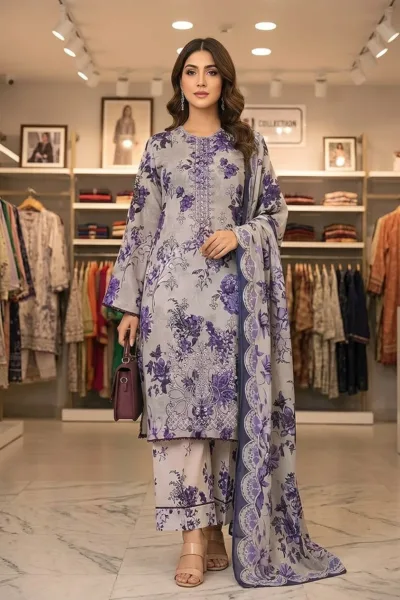 Grey & Purple Floral Printed Lawn 3 Piece Suit with Lawn Dupatta – Design 75245-A