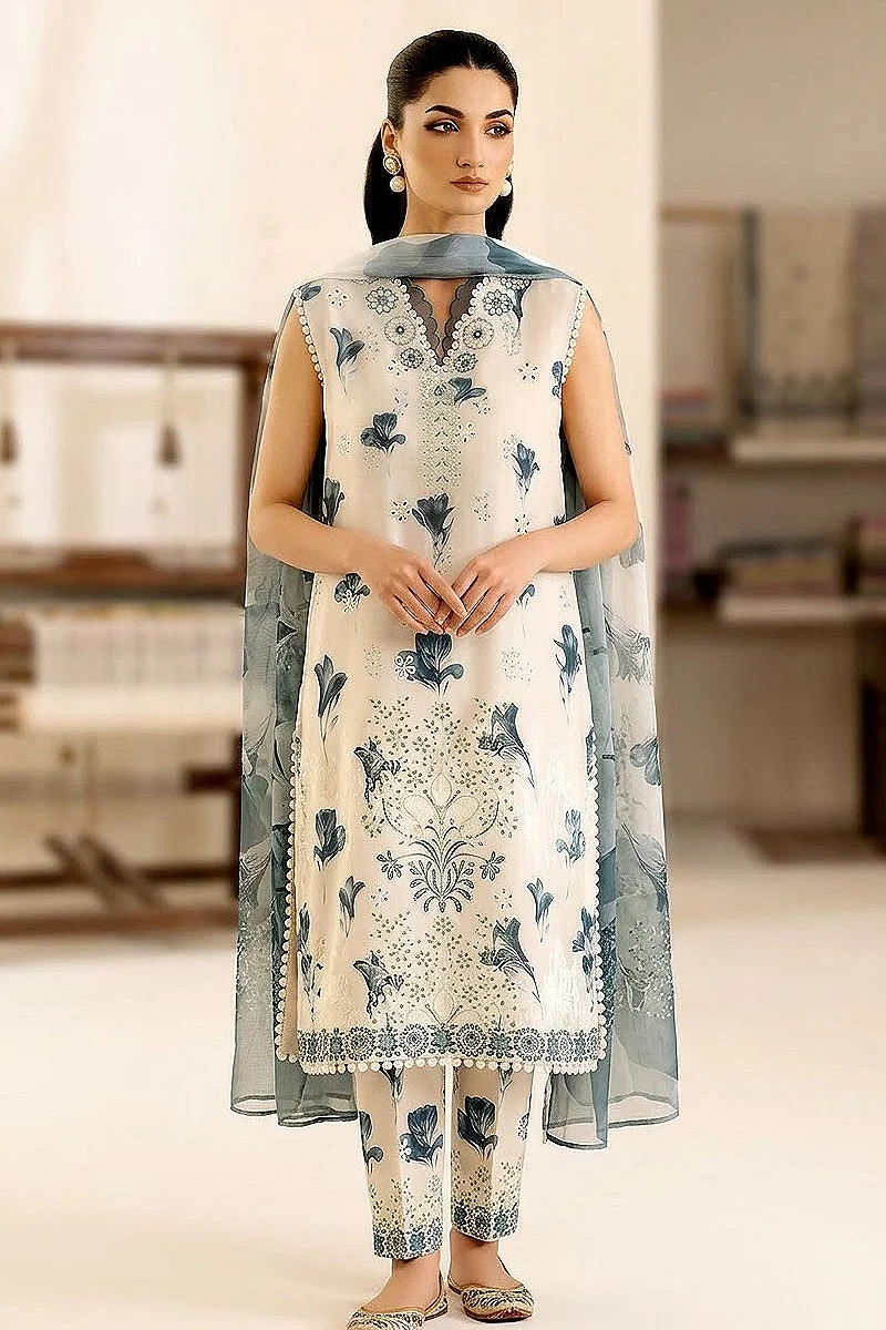 Ivory Floral Printed Cotton 3 Piece Suit with Cotton Dupatta – Design 28677-A