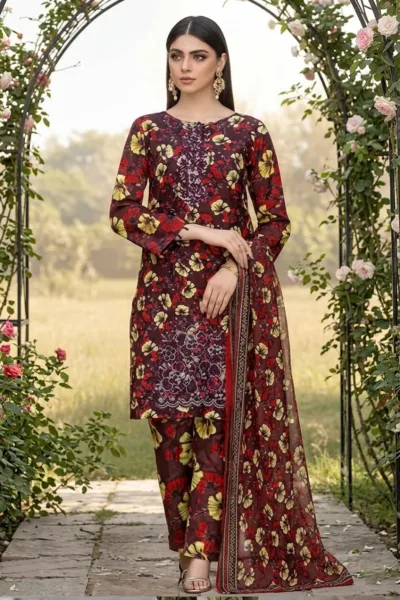Maroon Floral Printed Lawn 3 Piece Suit with Embroidered Dupatta – Design 28764-B