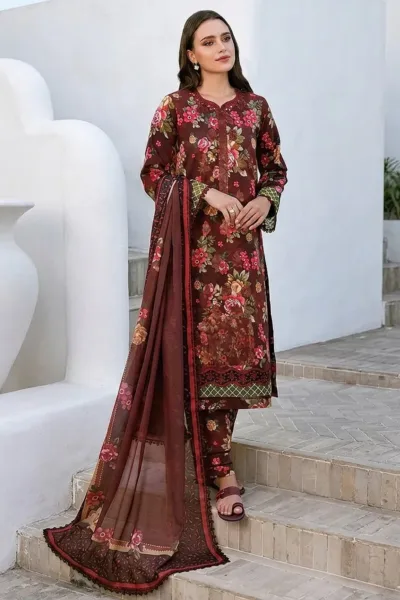 Maroon Floral Sequins Embroidered Lawn 3 Piece Suit with Chiffon Dupatta – Design 5537