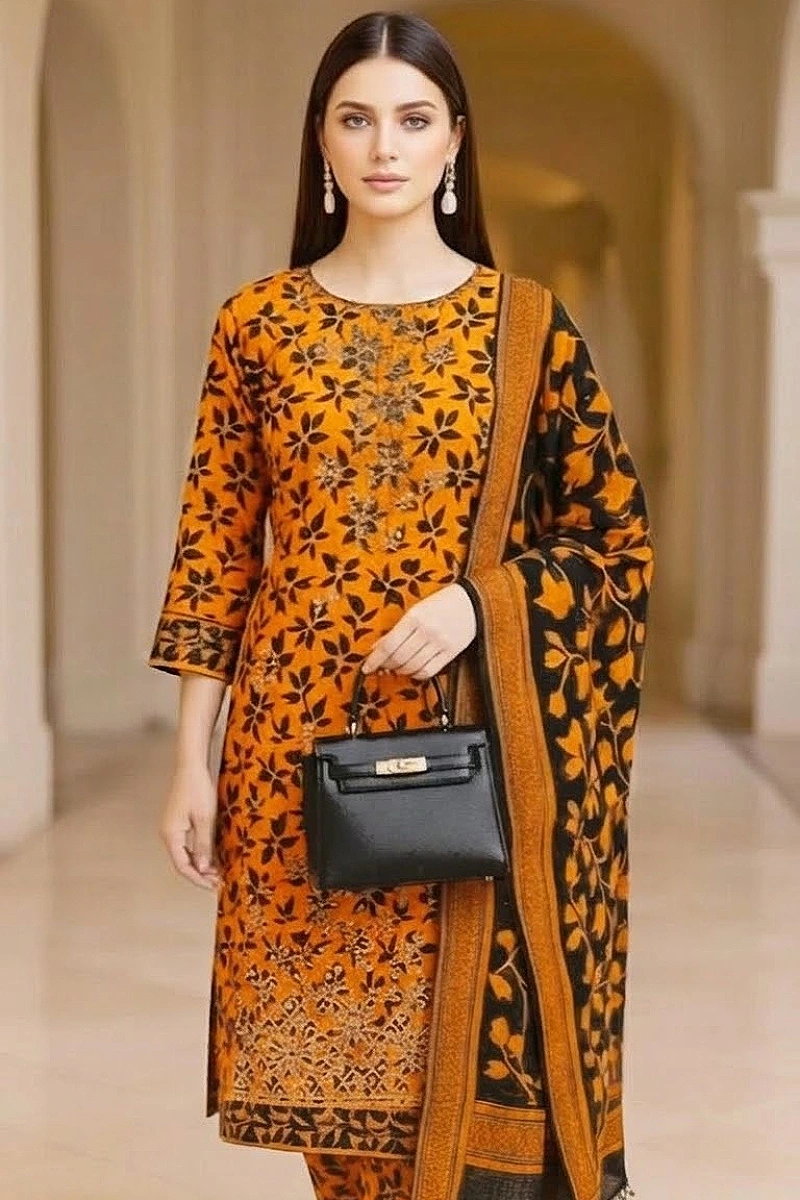 Mustard Floral Embroidered Cotton 3 Piece Suit with Cotton Dupatta – Design 13232-A