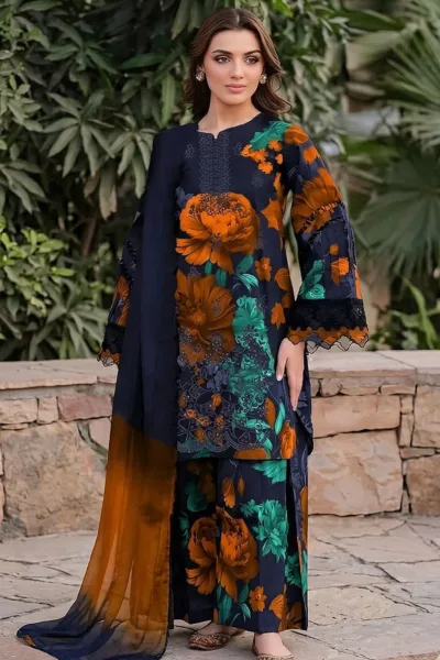 Navy Blue Floral Digital Printed Luxury Lawn 3 Piece Suit with Dupatta – Design 28571-A