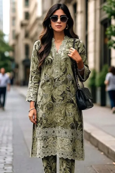 Olive Green Embroidered Lawn 3 Piece Suit with Lawn Dupatta – Design 75251-A