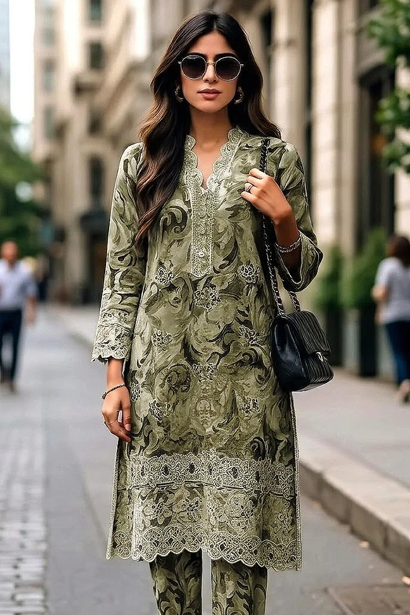 Olive Green Embroidered Lawn 3 Piece Suit with Lawn Dupatta – Design 75251-A