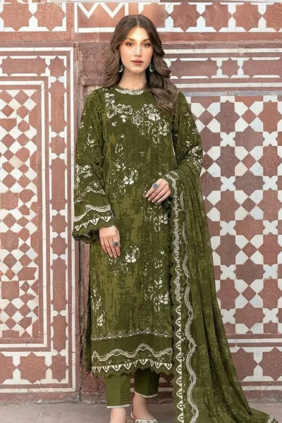 Olive Green Printed Lawn 3 Piece Suit with Embroidered Dupatta – Design 75243-B