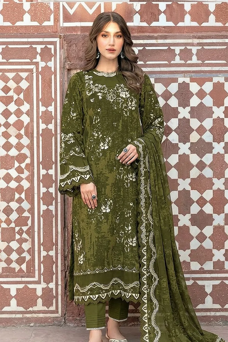 Olive Green Printed Lawn 3 Piece Suit with Embroidered Dupatta – Design 75243-B