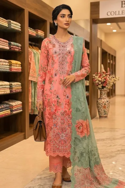 Peach Floral Embroidered Kastori Lawn 3 Piece Suit with Lawn Dupatta – Design 75061