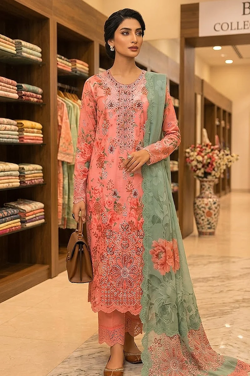 Peach Floral Embroidered Kastori Lawn 3 Piece Suit with Lawn Dupatta – Design 75061