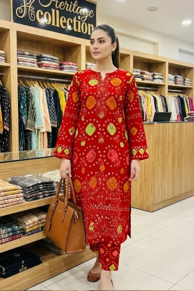 Red Laser Cutwork Cotton 3 Piece Suit with Cotton Dupatta – Design 13185-G