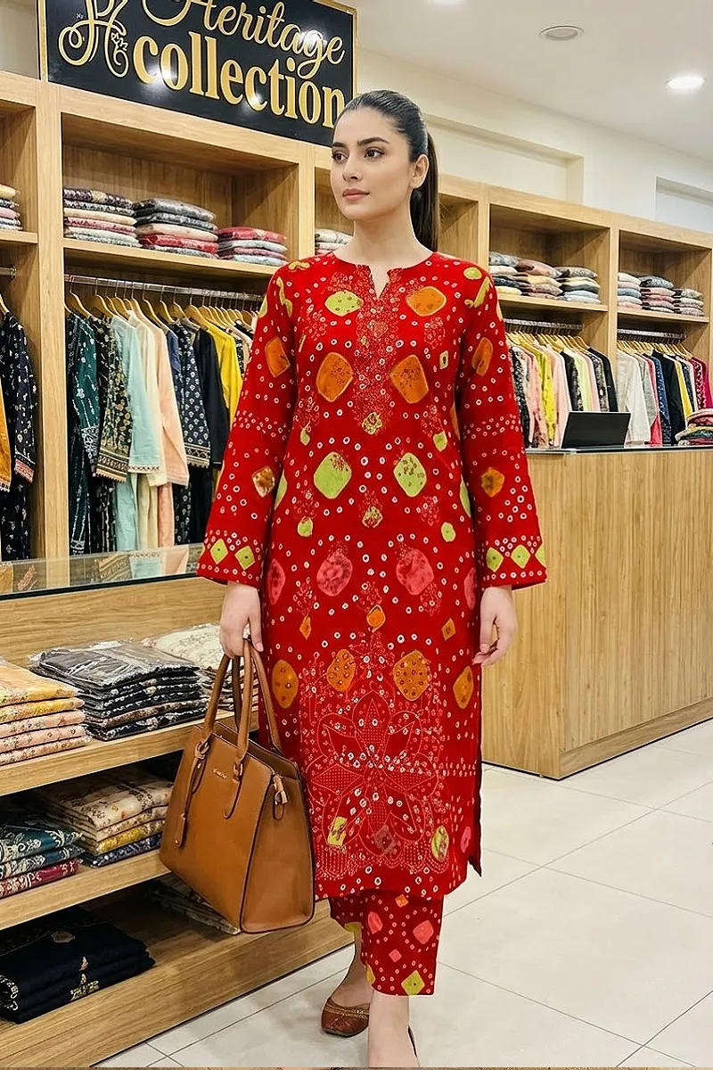 Red Laser Cutwork Cotton 3 Piece Suit with Cotton Dupatta – Design 13185-G