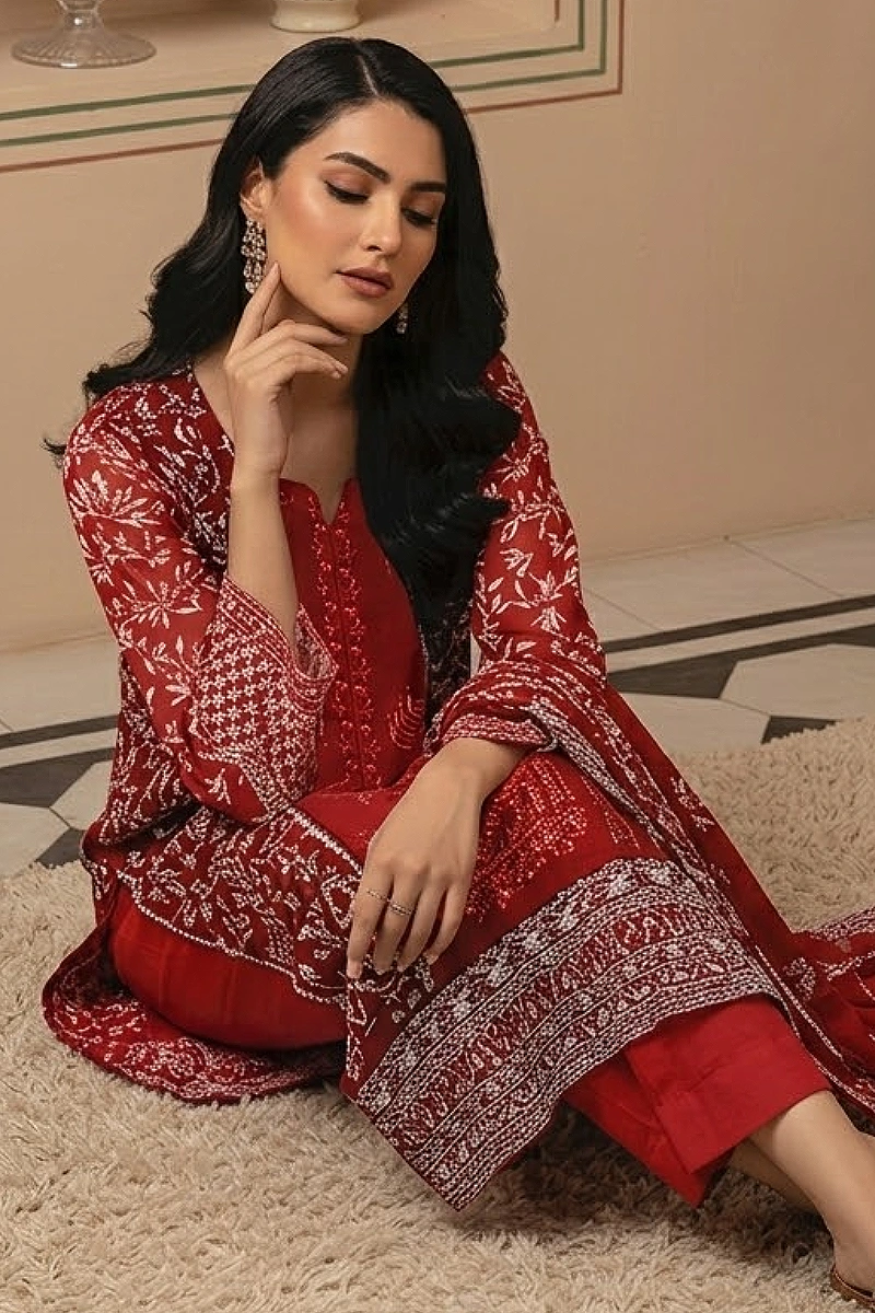 Red Sequins Embroidered Lawn 3 Piece Suit with Lawn Dupatta – Design 8224