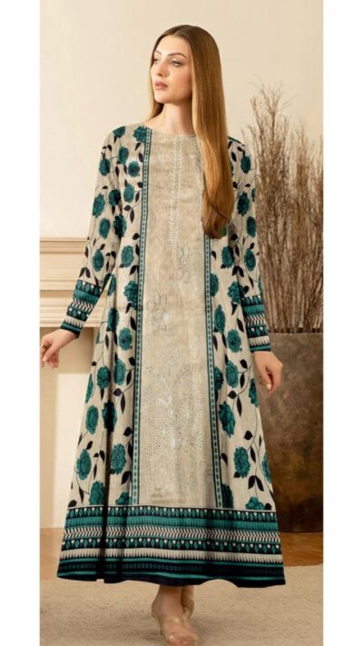 Beige & Teal Floral Sequins Embroidered Lawn 3 Piece Suit with Chiffon Dupatta – Design 5707