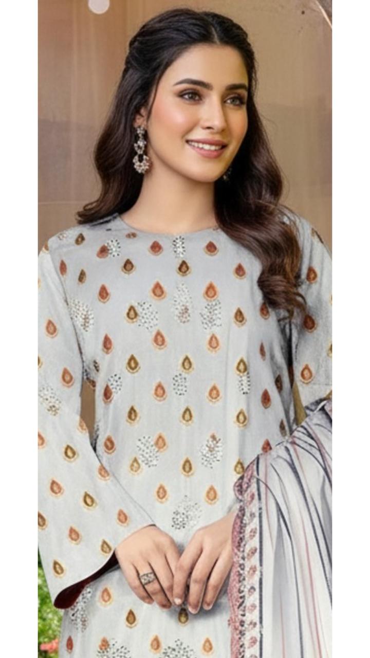 Soft Grey Printed Lawn 3 Piece Suit with Kastori Lawn Dupatta – Design 12570-A