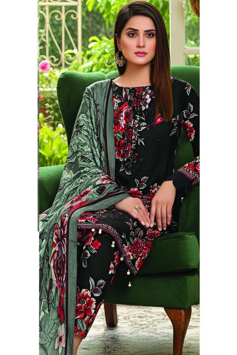 Floral Printed 3-Piece Suit with Chiffon Dupatta