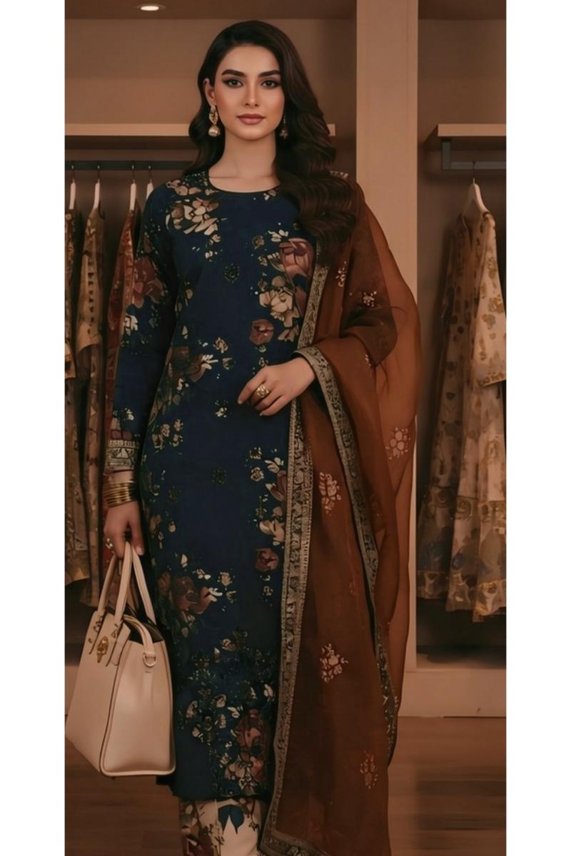 Printed Cotton 3-Piece Suit with Chikankari Detail