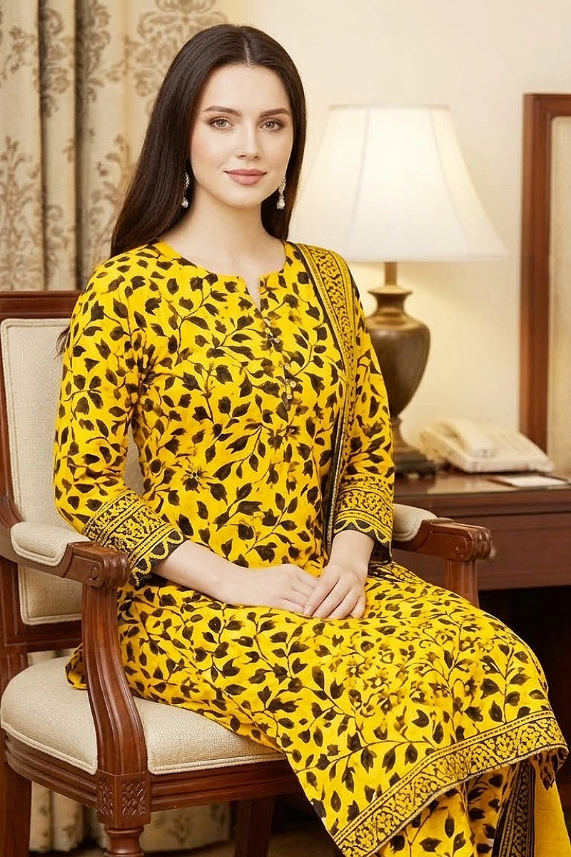 Yellow Floral Cotton 3 Piece Suit with Cotton Dupatta – Design 13232-C