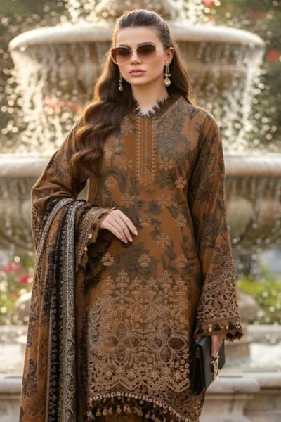 Front Full Embroidered Kastori Lawn 3 Piece Suit – Coffee Brown Floral